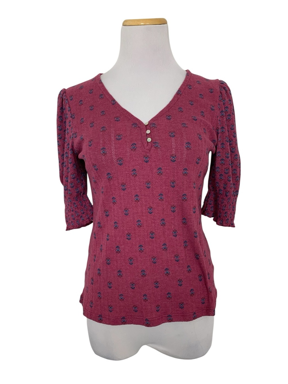 Lucky Brand Floral Pointelle Knit Cotton Blend Top Women’s S Pink V Neck Shirt